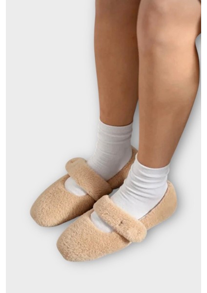 Tüylü Tek Kemer Cırtlı Panduf Kadın Ev Babeti Bej fiyatları