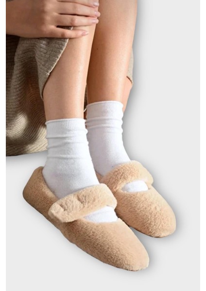 Tüylü Tek Kemer Cırtlı Panduf Kadın Ev Babeti Bej modelleri