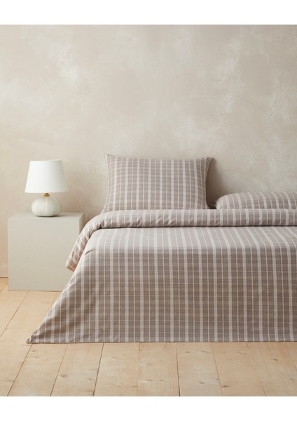 Glen Plaid Ipliği Boyalı Tek Kişilik Nevresim Takımı 160X220 cm Koyu Bej