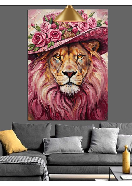 Pembe Çiçekli Aslan Dekoratif Kanvas - Mdf Ahşap Tablo