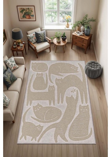 Krem Bej Kedi Desenli Dokuma Pamuk Tabanlı Yıkanabilir Çocuk ve Oturma Odası Halısı