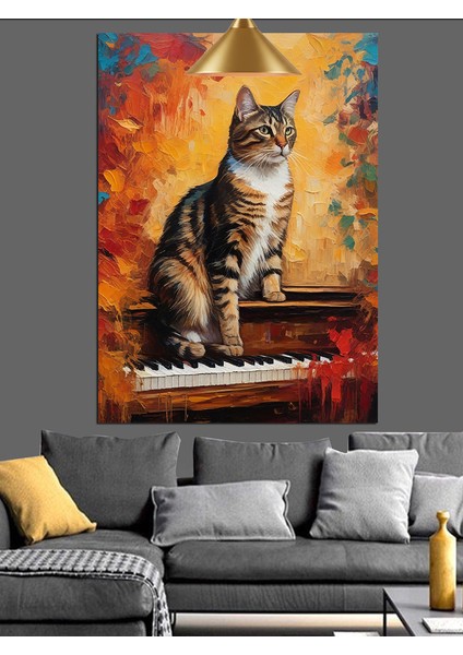 Piyanonun Üstünde Oturan Kedi Dekoratif Kanvas - Mdf Ahşap Tablo