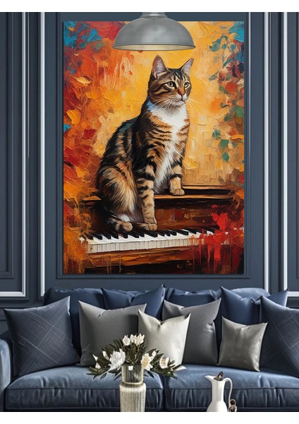Piyanonun Üstünde Oturan Kedi Dekoratif Kanvas - Mdf Ahşap Tablo fiyatları