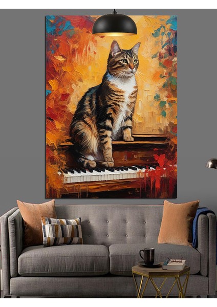 Piyanonun Üstünde Oturan Kedi Dekoratif Kanvas - Mdf Ahşap Tablo modelleri