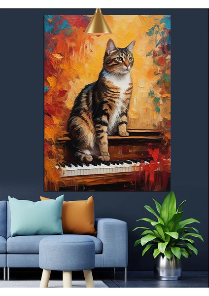 Piyanonun Üstünde Oturan Kedi Dekoratif Kanvas - Mdf Ahşap Tablo fırsatları