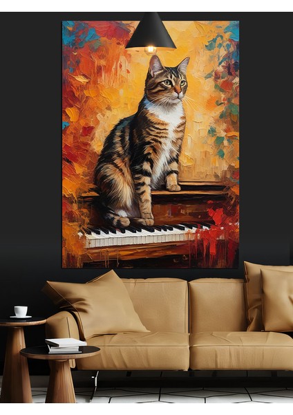 Piyanonun Üstünde Oturan Kedi Dekoratif Kanvas - Mdf Ahşap Tablo indirimleri