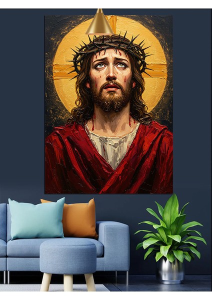 Altın Hale Isa Portresi Dekoratif Kanvas - Mdf Ahşap Tablo