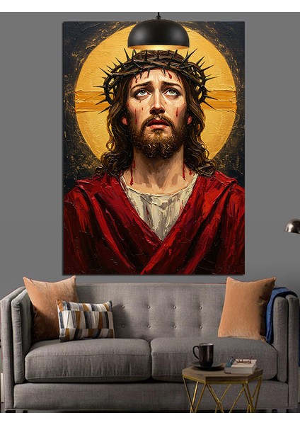 Altın Hale Isa Portresi Dekoratif Kanvas - Mdf Ahşap Tablo indirimleri