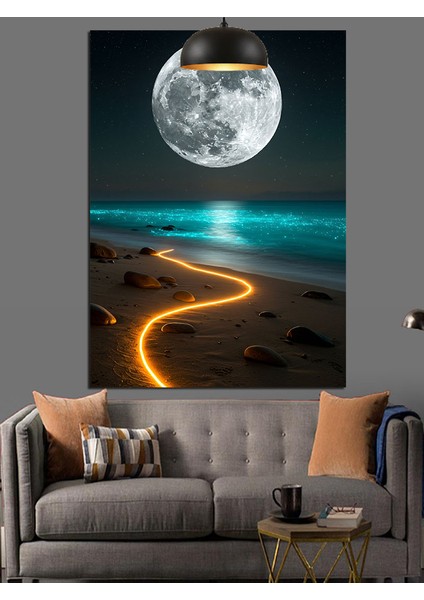 Ay Işığında Sahil Dekoratif Kanvas - Mdf Ahşap Tablo fırsatları
