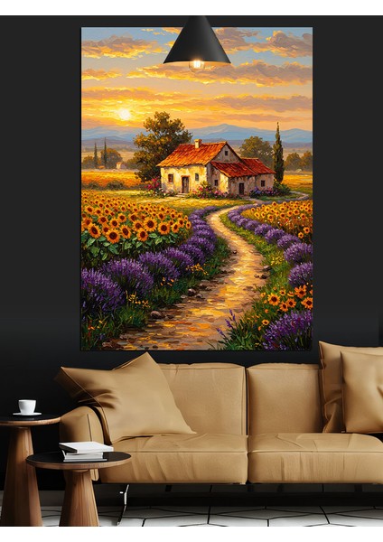 Lavanta Tarlalı Köy Dekoratif Kanvas - Mdf Ahşap Tablo