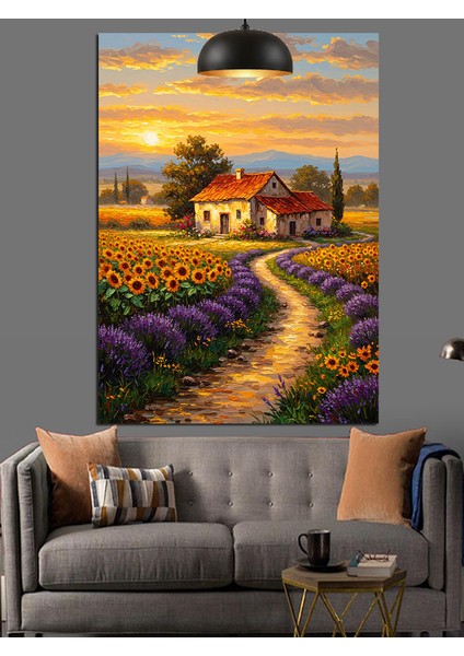 Lavanta Tarlalı Köy Dekoratif Kanvas - Mdf Ahşap Tablo fırsatları