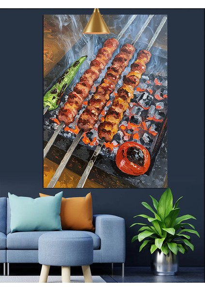 Izgarada Şiş Kebaplar Dekoratif Kanvas - Mdf Ahşap Tablo