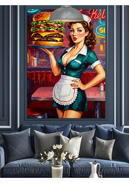 Hamburger Tutan Garson Dekoratif Kanvas - Mdf Ahşap Tablo