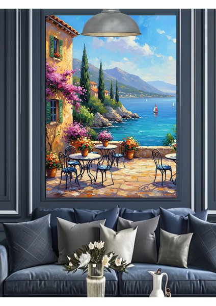 Deniz Kenarında Masa ve Sandalyeler Dekoratif Kanvas - Mdf Ahşap Tablo