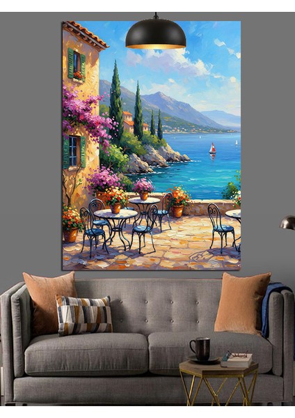 Deniz Kenarında Masa ve Sandalyeler Dekoratif Kanvas - Mdf Ahşap Tablo fiyatları