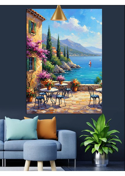 Deniz Kenarında Masa ve Sandalyeler Dekoratif Kanvas - Mdf Ahşap Tablo modelleri
