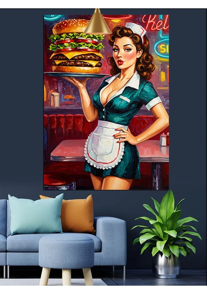 Hamburger Tutan Garson Dekoratif Kanvas - Mdf Ahşap Tablo modelleri