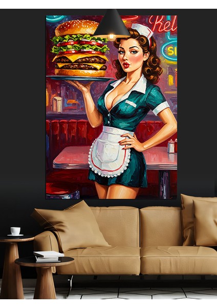 Hamburger Tutan Garson Dekoratif Kanvas - Mdf Ahşap Tablo fırsatları