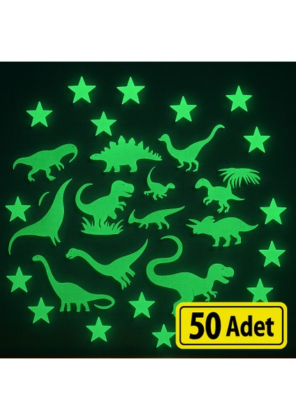 Karanlıkta Parlayan Dinozor Seti ve Yıldızlar Tavan Oda Duvar Süsü 50 Adet