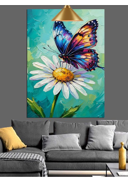 Papatya Üzerinde Kelebek Dekoratif Kanvas - Mdf Ahşap Tablo