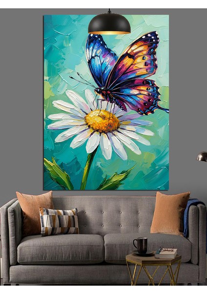 Papatya Üzerinde Kelebek Dekoratif Kanvas - Mdf Ahşap Tablo modelleri