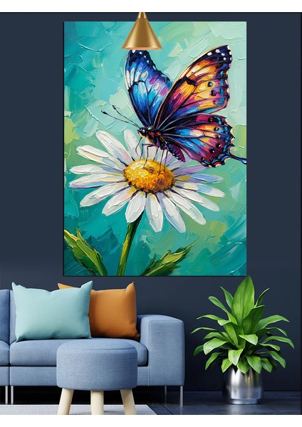 Papatya Üzerinde Kelebek Dekoratif Kanvas - Mdf Ahşap Tablo fırsatları
