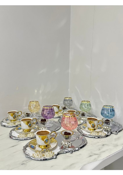 6'lı Çelik Artnova Dantel Desenli Kahve Sunum Tepsisi Seti