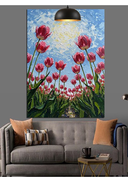 Pembe Lale Tarlası Dekoratif Kanvas - Mdf Ahşap Tablo