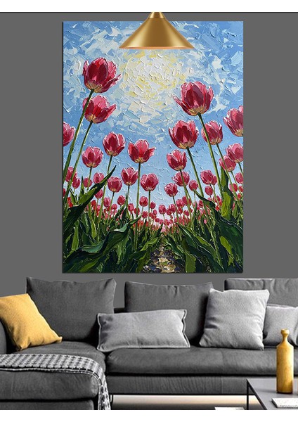 Pembe Lale Tarlası Dekoratif Kanvas - Mdf Ahşap Tablo fırsatları