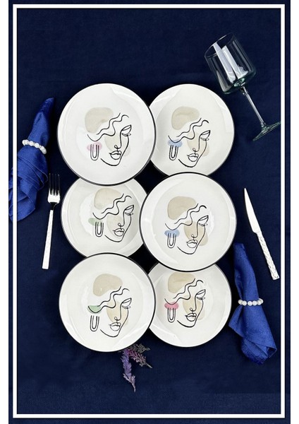 El Yapımı Beyaz Seramik Pasta Tabağı 6'lı Set