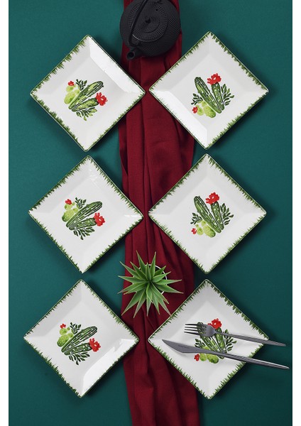 6'lı Renkli El Yapımı Kaktüs Desenli Tatlı Tabak Seti, Sunum ve Servis Için 15 cm