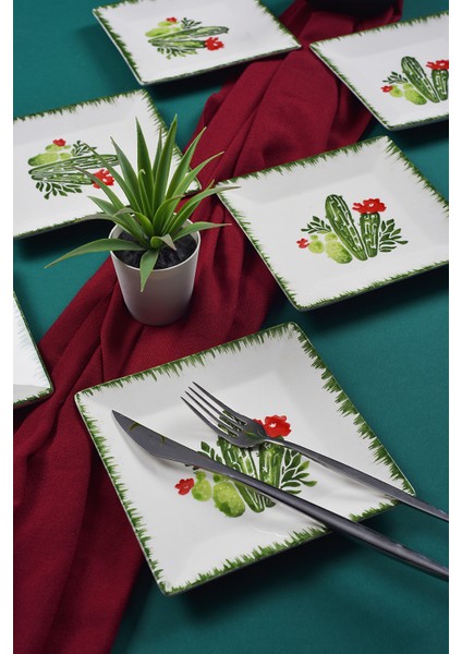 6'lı Renkli El Yapımı Kaktüs Desenli Tatlı Tabak Seti, Sunum ve Servis Için 15 cm fiyatları