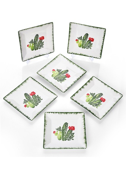 6'lı Renkli El Yapımı Kaktüs Desenli Tatlı Tabak Seti, Sunum ve Servis Için 15 cm modelleri