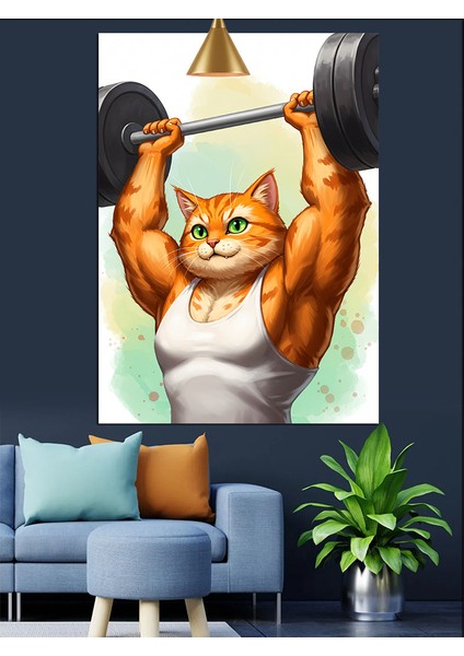 Ağırlık Kaldıran Kedi Dekoratif Kanvas - Mdf Ahşap Tablo