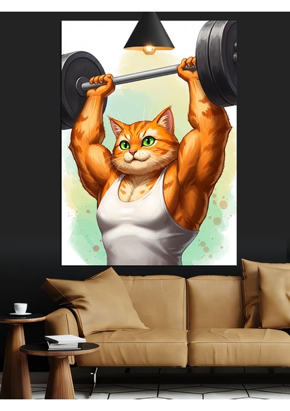 Ağırlık Kaldıran Kedi Dekoratif Kanvas - Mdf Ahşap Tablo fiyatları