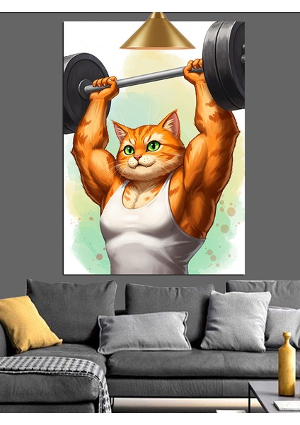 Ağırlık Kaldıran Kedi Dekoratif Kanvas - Mdf Ahşap Tablo modelleri