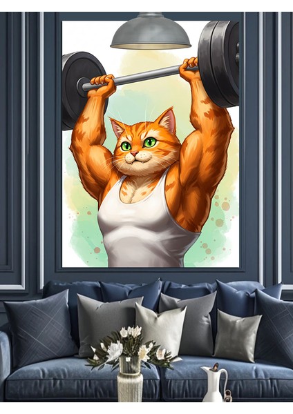 Ağırlık Kaldıran Kedi Dekoratif Kanvas - Mdf Ahşap Tablo fırsatları