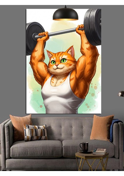 Ağırlık Kaldıran Kedi Dekoratif Kanvas - Mdf Ahşap Tablo indirimleri