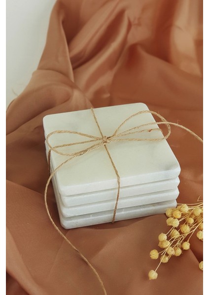 4'lü Kare Mermer Bardak Altlığı Seti, Beyaz, Şık ve Dayanıklı Tasarım