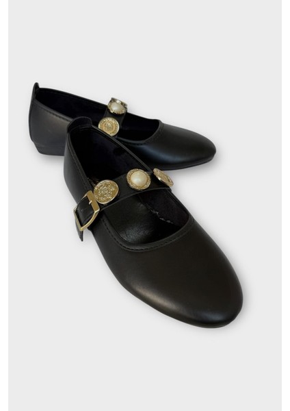 Kadın Inci ve Mühür Aksesuar Bantlı Babet Siyah modelleri