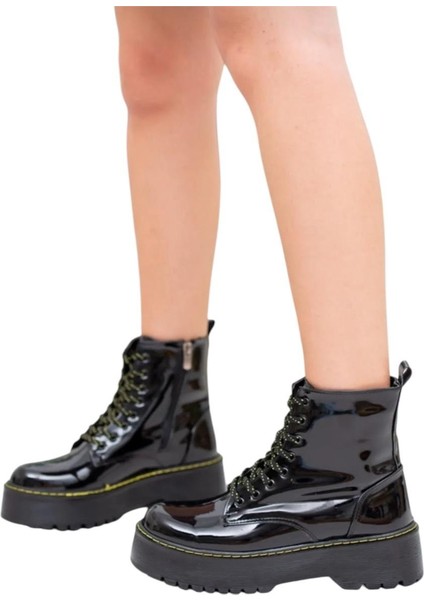 Kadın Fermuarlı Bağcıklı Kalın Taban Kadın Bot Siyah - Sarı modelleri
