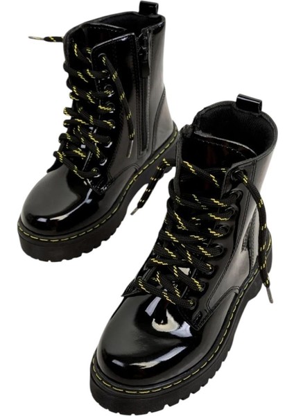 Kadın Fermuarlı Bağcıklı Kalın Taban Kadın Bot Siyah - Sarı fırsatları