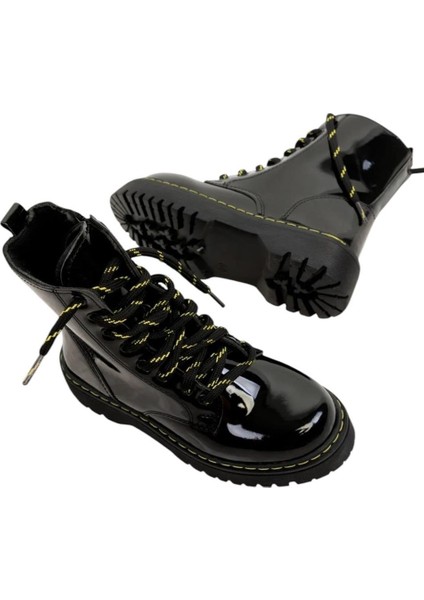 Kadın Fermuarlı Bağcıklı Kalın Taban Kadın Bot Siyah - Sarı indirimleri