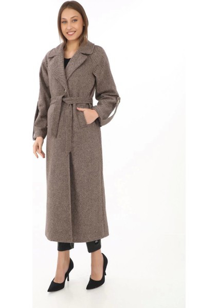 Kolu Apoletli Astarlı Kaşmir Kaşe Kaban - Vizon fırsatları