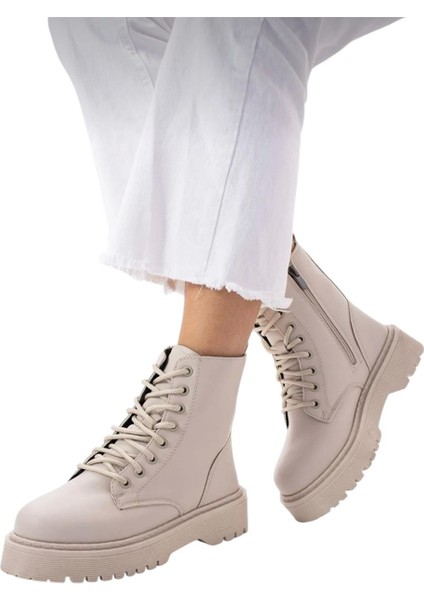 Kadın Fermuarlı Bağcıklı Kalın Taban Kadın Bot Krem