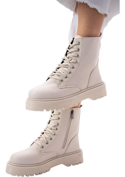 Kadın Fermuarlı Bağcıklı Kalın Taban Kadın Bot Krem fiyatları