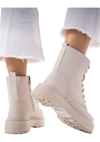 Kadın Fermuarlı Bağcıklı Kalın Taban Kadın Bot Krem modelleri