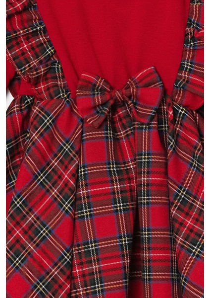 Bayramlık Fiyonk Detaylı Ekoseli Alttan Çıtçıtlı Kız Bebek Elbise