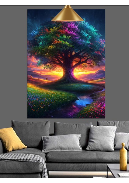 Renkli Işıklı Ağaç Dekoratif Kanvas - Mdf Ahşap Tablo