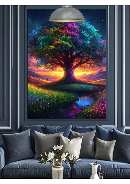 Renkli Işıklı Ağaç Dekoratif Kanvas - Mdf Ahşap Tablo fiyatları